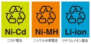 ニカド電池、ニッケル水素電池、リチウムイオン電池リサイクルマーク
